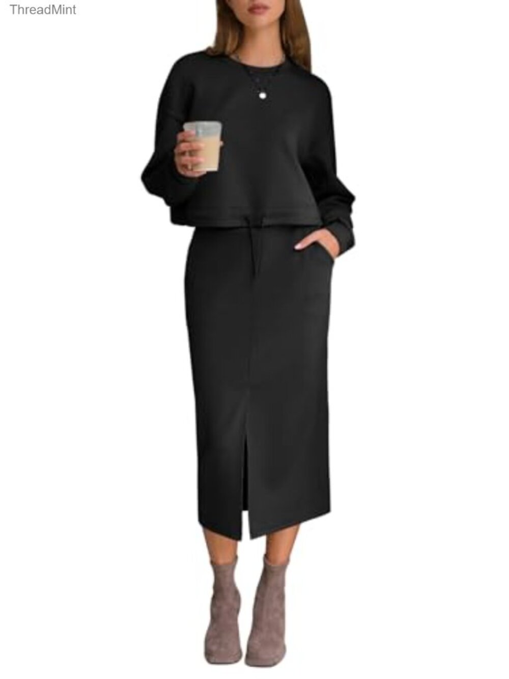 Women's 2 Piece Skirt Set Lounge Outfit Long Sleeve Midi Skirt with Pockets
